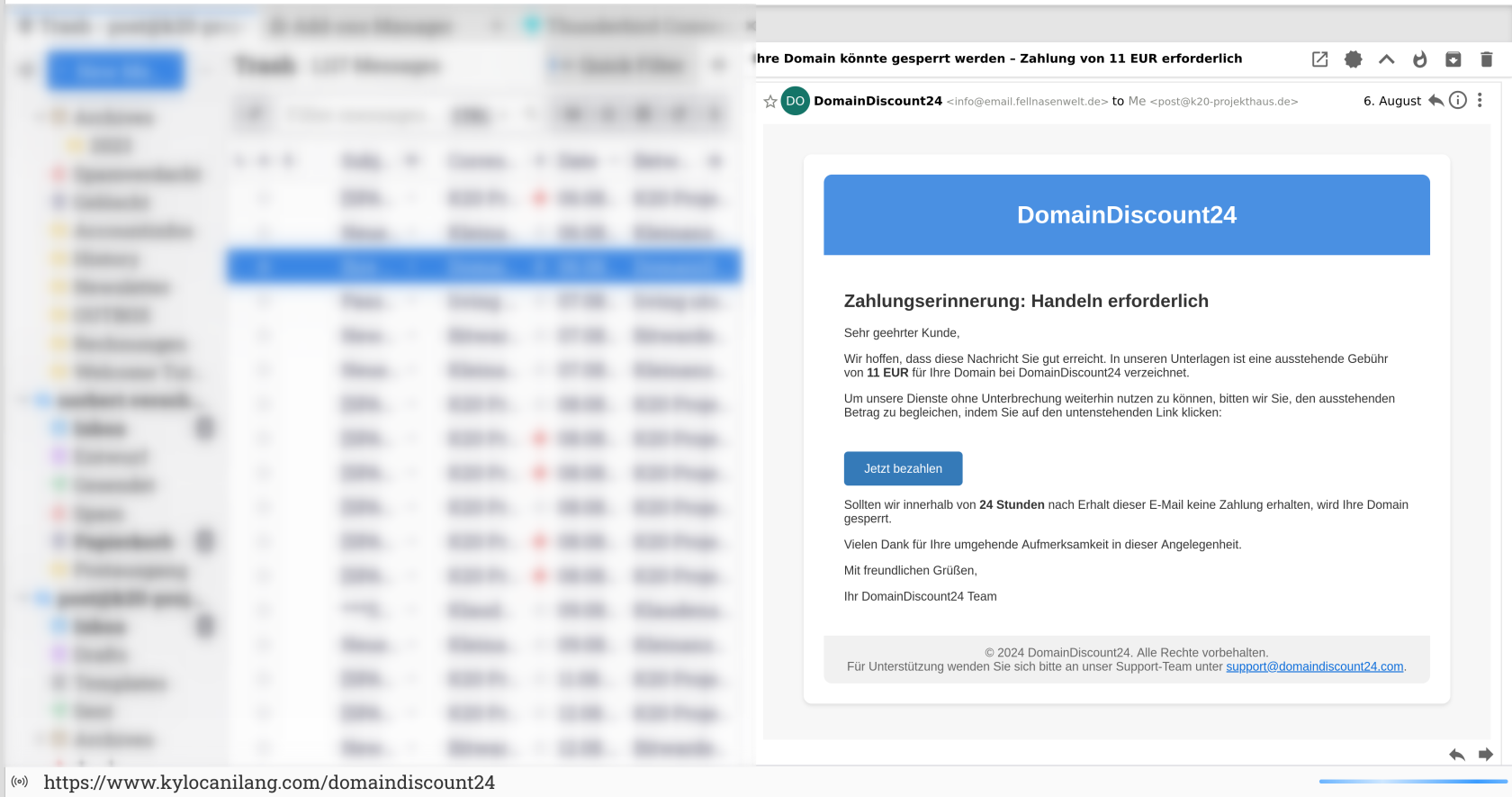 Screenshot von einer Betrugsmail mit der Domainverlärungs-Masche.